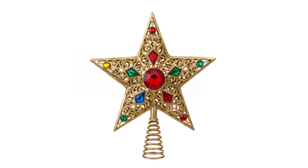 Ornate gold christmas tree topper with colorful gems against a black backdrop on transparent background