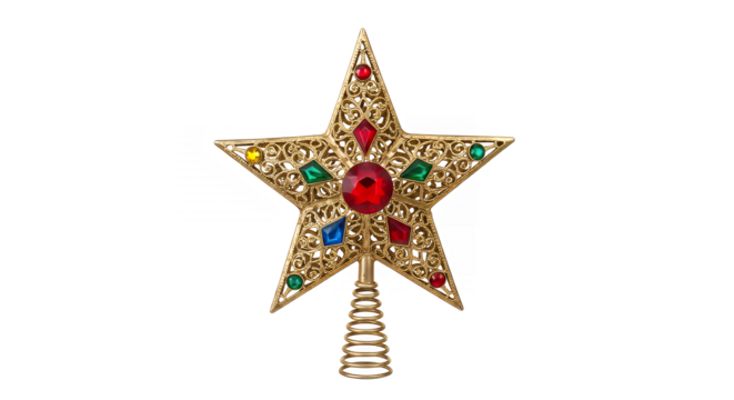 Ornate gold christmas tree topper with colorful gems against a black backdrop on transparent background