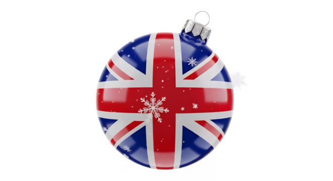 Union jack christmas ornament with snowflakes for festive holiday celebrations on transparent background