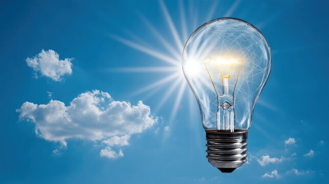 A light bulb with a glowing filament against a blue sky with clouds. - Powered by Adobe