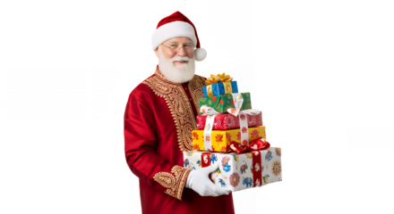 Santa claus holding a stack of colorful gifts with an ornate red outfit on black on transparent background