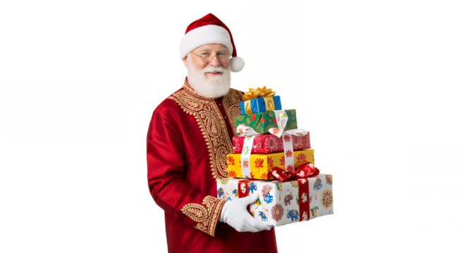 Santa claus holding a stack of colorful gifts with an ornate red outfit on black on transparent background