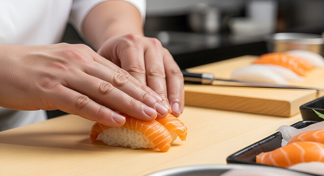 Chef preparing salmon nigiri sushi with hands on a wooden board in a restaurant kitchen setting
