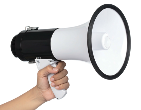 A person's hand firmly grips a black and white megaphone against a transparent background. The device is aimed to the right - Powered by Adobe