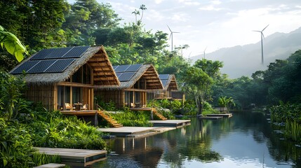 Fototapeta premium Scenic eco resort with bamboo bungalows in lush natural surroundings powered by renewable energy