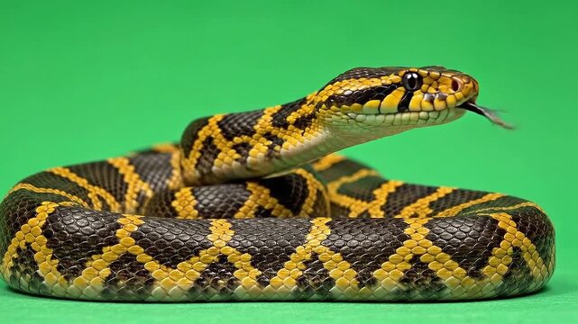 Striking Snake With Distinctive Yellow And Black Markings On Vibrant Green Background Animal Close-Up For Educational And Commercial Visuals