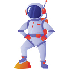 Cartoon astronaut in white space suit with red backpack and blue helmet standing confidently with one foot on orange platform against transparent background