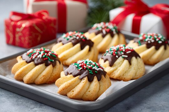 Christmas cookies with chocolate and holiday sprinkles on baking sheet