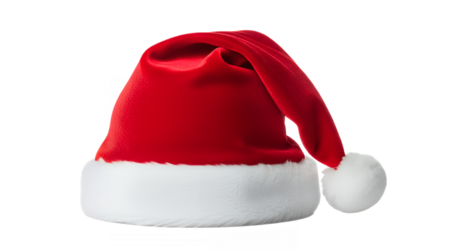 Festive red santa hat with white trim on a clean shot on transparent background