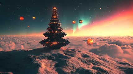 Levitating fractal Christmas tree, composed of shifting geometric shapes, against a backdrop of a distant alien aurora, wide shot