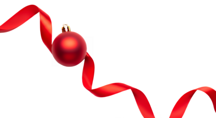 Red christmas ornament with ribbon for holiday celebration on transparent background