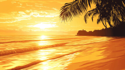 Golden Tropical Beach Sunset with Palm Silhouette and Shimmering Waves