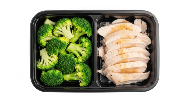 Healthy food preparation utensils with chicken breast and broccoli isolated on transparent background. Healthy food with broccoli and meat