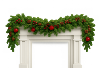 Christmas garland decorating white fireplace mantel with pine branches, red ornaments, and pinecones, on transparent background