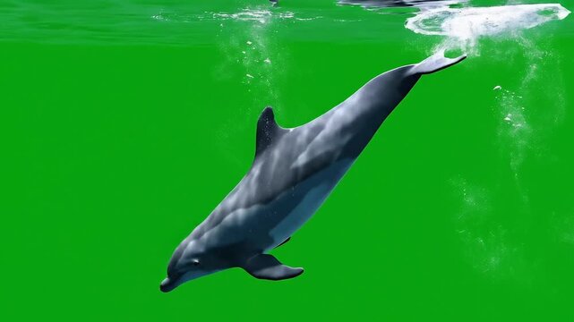 Swimming Dolphin Underwater with Bubbles Animation on Green Screen Background Marine Mammal Isolated Underwater Ocean Life