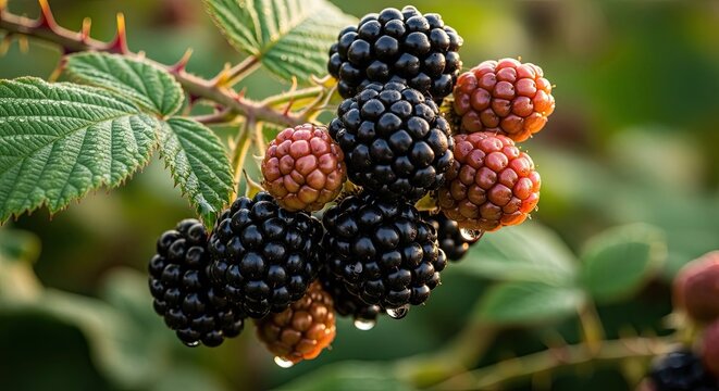 Blackberries on a branch with green leaves, some of which are ripe and some are not.