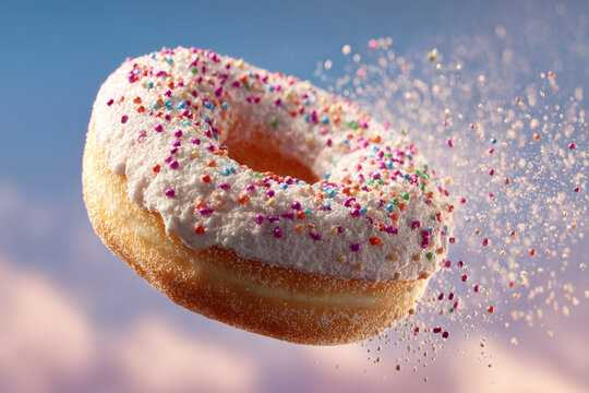 A delicious frosted donut adorned with vibrant multicolored sprinkles appears to burst scattering sweet particles against a beautiful soft pastel sky