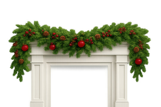Christmas garland decorating white fireplace mantel with pine branches, red ornaments, and pinecones, on transparent background - Powered by Adobe
