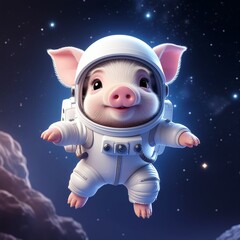 Cute cartoon pig character wearing white astronaut suit with helmet floating in space, cosmic adventure concept