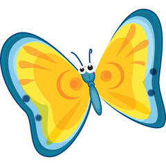 A Cartoon Yellow Butterfly with Blue and Orange Wings and Big Eyes in a Transparent Background