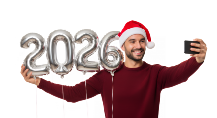 Man in santa hat takes selfie with 2026 balloons celebrating new year holiday on transparent background