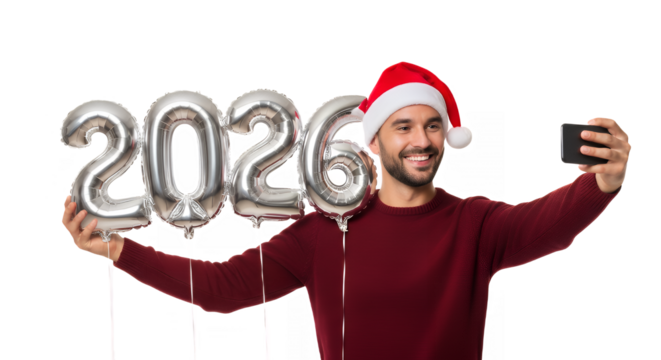 Man in santa hat takes selfie with 2026 balloons celebrating new year holiday on transparent background