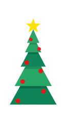 Fototapeta premium A simple flat design illustration of a green Christmas tree decorated with red baubles and topped with a yellow star, set against a white background.