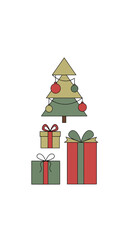 A simple illustration of a decorated Christmas tree with red ornaments and three festive gift boxes.