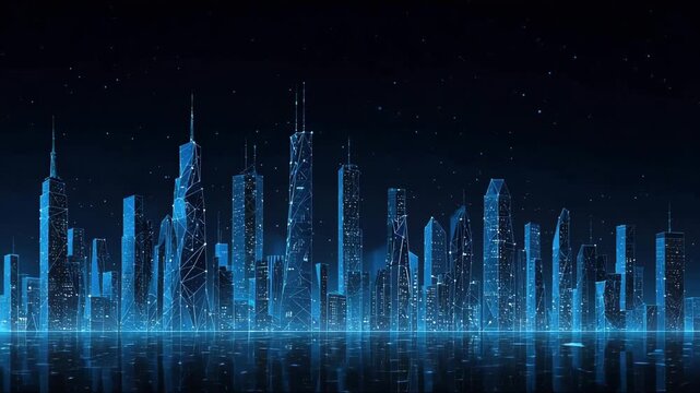 Futuristic city landscape background blue. Low poly wireframe night buildings with glowing effect.