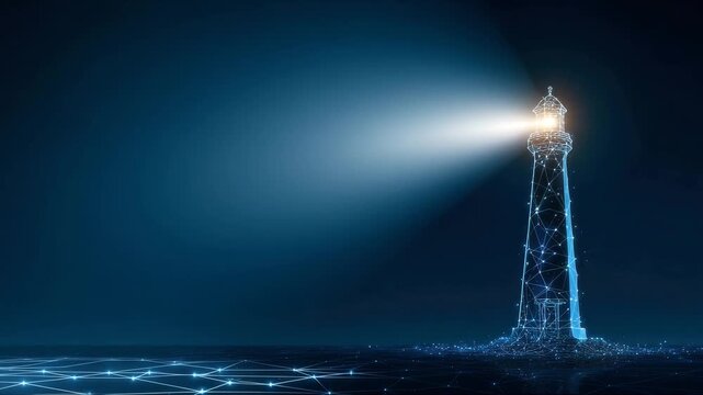 Abstract digital lighthouse with a bright beam on a dark blue technology background in a futuristic style.