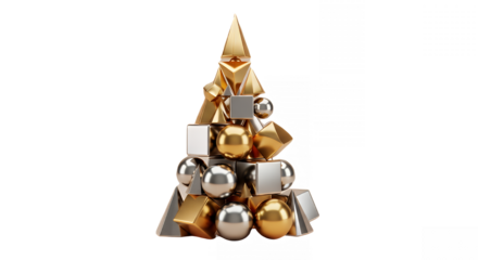 Geometric christmas tree made of gold and silver shapes on transparent background