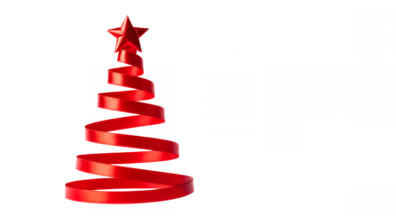 Red ribbon Christmas tree with a star on top against a transparent background