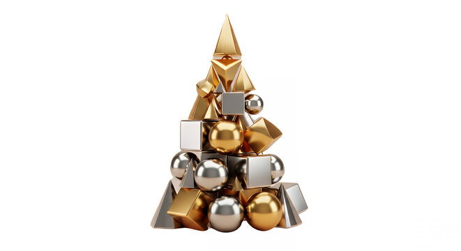 Geometric christmas tree made of gold and silver shapes on transparent background