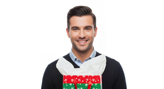Smiling man holding a christmas gift bag with tissue paper on transparent background