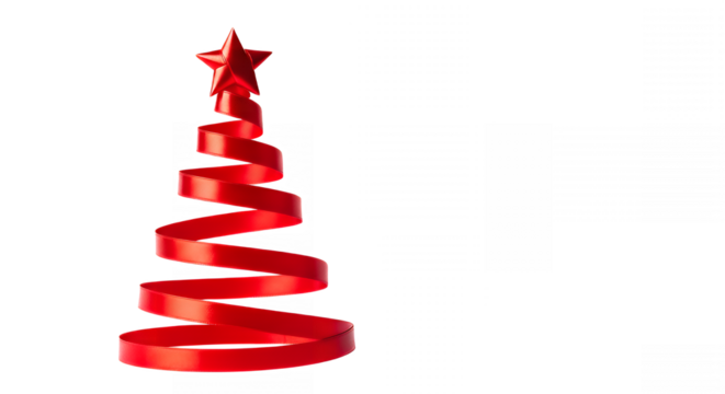 Red ribbon Christmas tree with a star on top against a transparent background