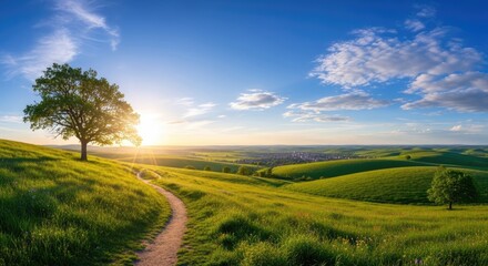A serene landscape with a tree and a path leading towards a distant horizon.