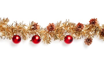 Christmas tree garland with shimmering gold tinsel and red baubles, isolated on white