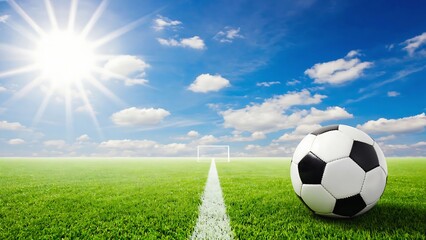Fototapeta premium Soccer ball on a vibrant green field under a sunny blue sky, perfect for sports, recreation, and outdoor activity concepts