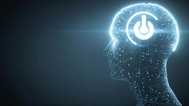 Digital human head with circuit on power button element into a head. Abstract AI robot with HUD bright neon light element as Power On button.