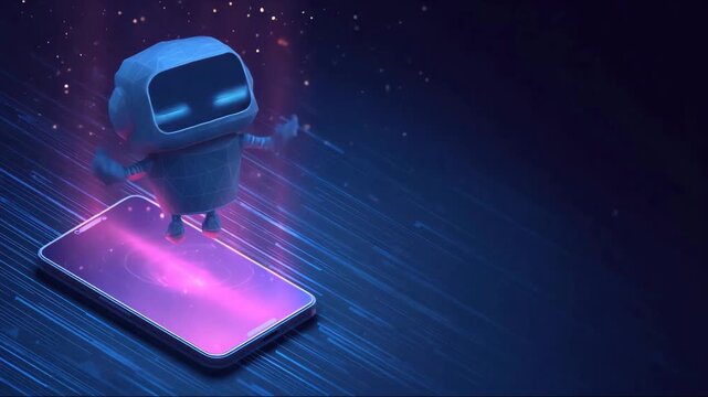 AI assistant bot flying out of a smartphone screen. Mobile app robot with glowing eyes in digital low poly style.