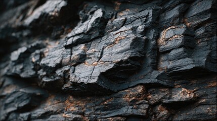 Fragmented, dark rock wall; cracks highlight a warm underlayer