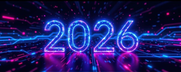 A sleek digital inspired background with glowing neon numbers "2026" formed from blue and magenta li