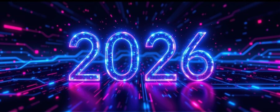 A sleek digital inspired background with glowing neon numbers "2026" formed from blue and magenta li