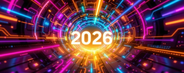 Neon tunnel with laser lines converging toward glowing "2026" floating at center