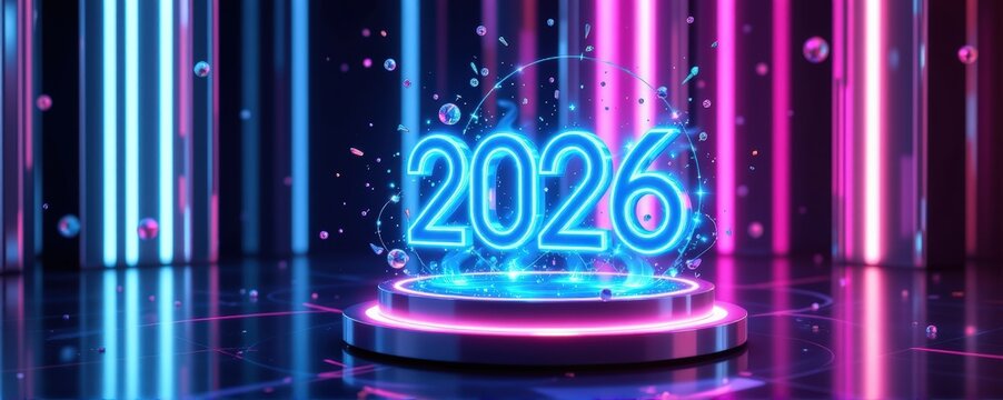 A sleek chrome pedestal displaying a glowing hologram "2026" surrounded by pulsating neon rings
