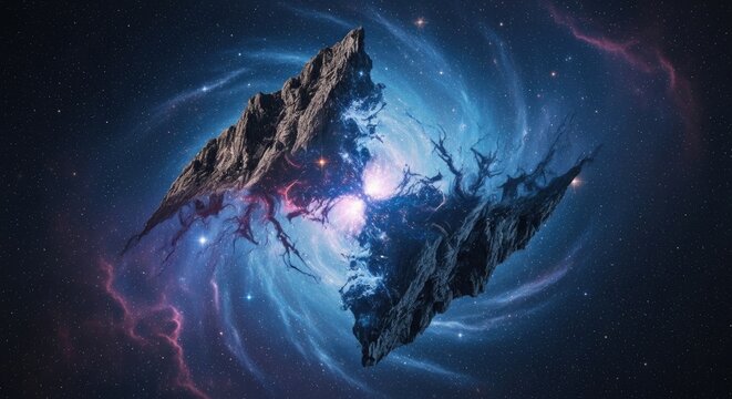 A surreal, cosmic landscape with a rocky, alien structure in the center, surrounded by swirling, nebulous blue and pink hues in a dark, starry space background.