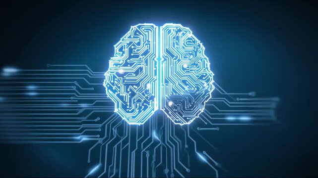 Digital AI chip integral into abstract technology brain on dark blue background. Circuit board tech bg. Low poly wireframe AI mind.