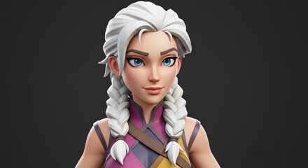Captivating stylized young woman with braided white hair, blue eyes, and freckles, exuding a determined yet gentle aura, perfect for fantasy or game art.