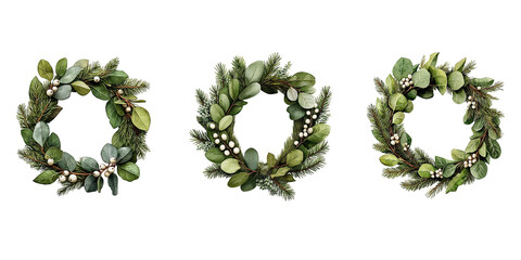 Watercolor Christmas wreath clipart set with eucalyptus leaves and white berries. High resolution PNG, transparent background. Perfect for holiday cards, invitations, stickers and crafts