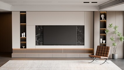 Modern Minimalist Luxury Living TV Room Interior - 3d Render
